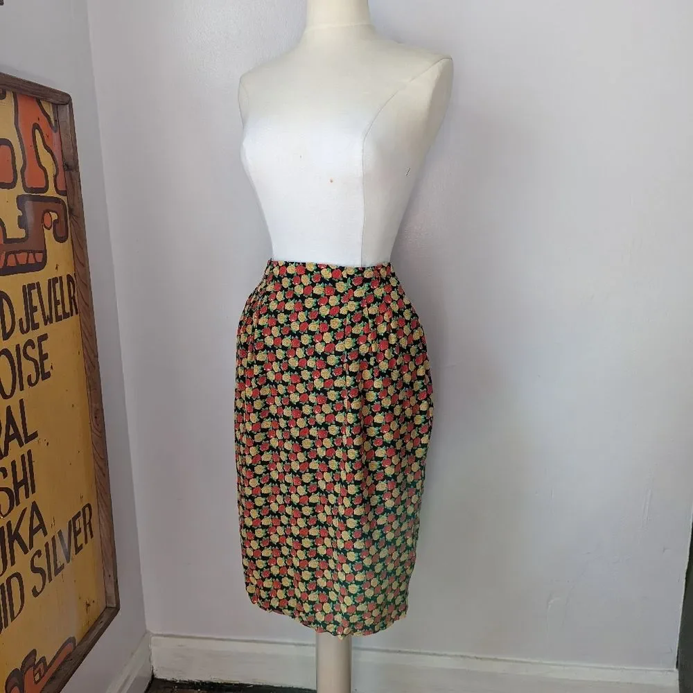 Vintage Red and Gold Rose Silk Pencil Skirt- 28" Waist - Picture 8 of 10